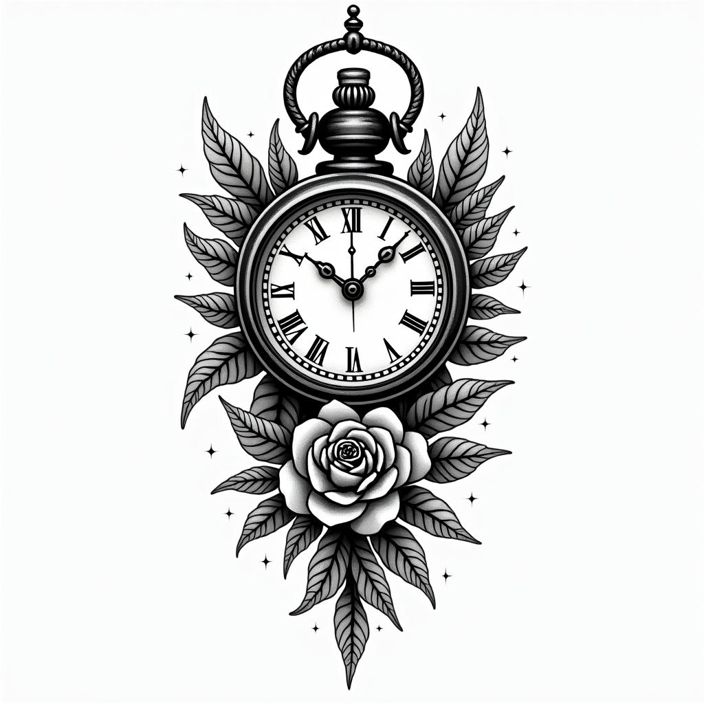 Clock oliviain authentic tattoo style, incorporating traditional modifications, bold black outlines, solid color fills, featuring classic authentic elements
