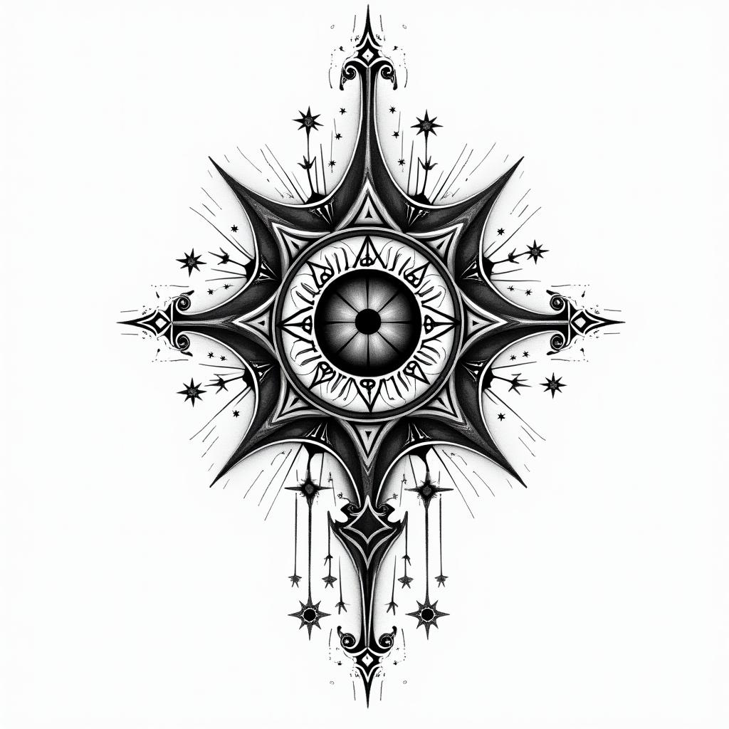 Josejuan,piscis,Monterreyin prophecy tattoo style, featuring mystical symbols, celestial imagery like stars, moons, suns, geometric patterns, foretelling elements, an eye of wisdom