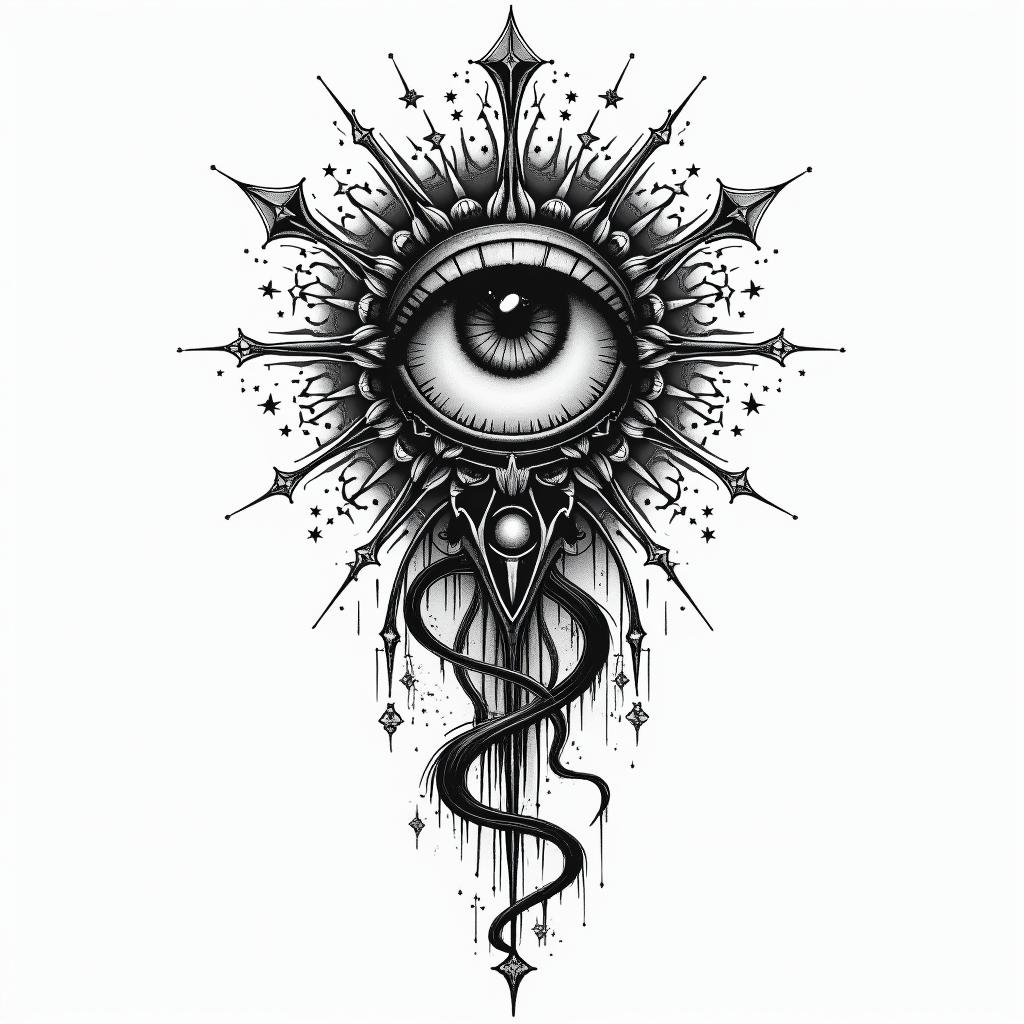 Josejuan,piscis,Monterreyin prophecy tattoo style, featuring mystical symbols, celestial imagery like stars, moons, suns, geometric patterns, foretelling elements, an eye of wisdom - Variation 2