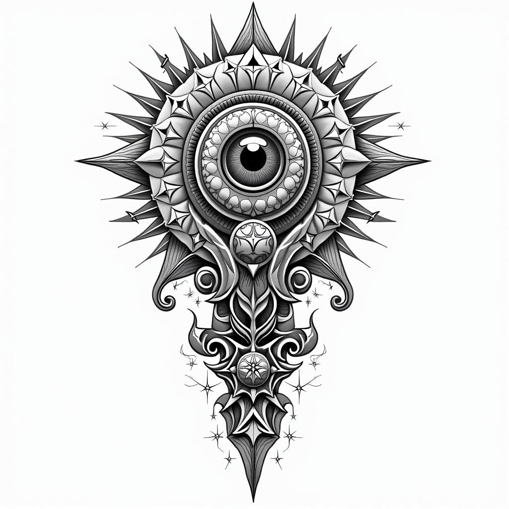 Josejuan,piscis,Monterreyin prophecy tattoo style, featuring mystical symbols, celestial imagery like stars, moons, suns, geometric patterns, foretelling elements, an eye of wisdom - Variation 4