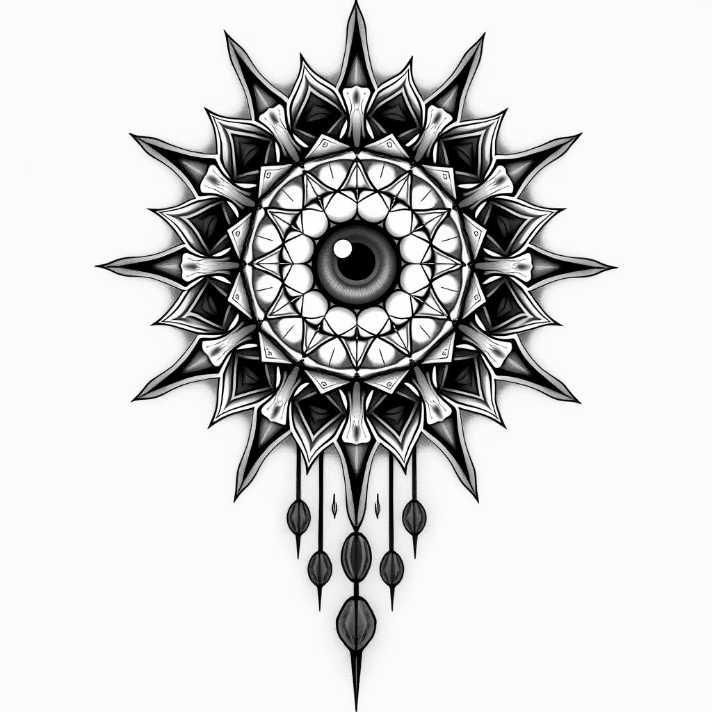 Josejuan,piscis,Monterreyin prophecy tattoo style, featuring mystical symbols, celestial imagery like stars, moons, suns, geometric patterns, foretelling elements, an eye of wisdom - Variation 3