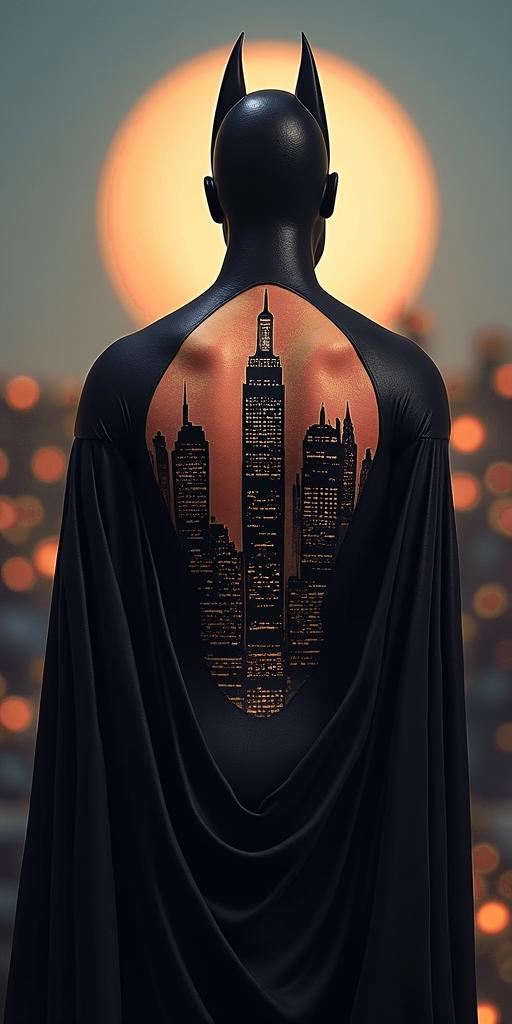 Batman silhouette against a Gotham skylinein new school tattoo, pop culture, modern, detailed tattoo, illustrative
