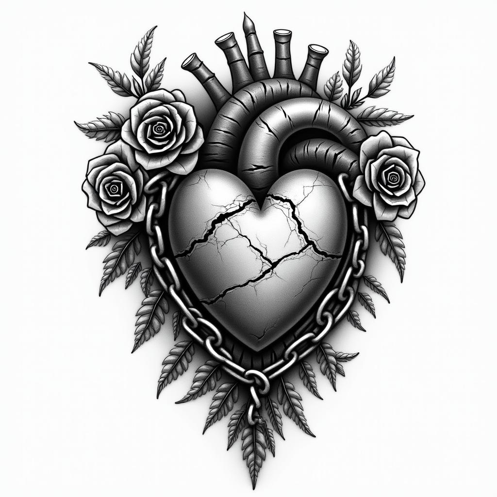 Black and grey traditional broken heart with a chain wrapped around symbolizing keeping your heart guarded. Make the heart look rugged and weathered with cracks and torn pieces. Make the chain holding the heart from falling apart. Make the chain 
look battle worn with deep gouges. Make the over all tone dark and gloomyin victorian style tattoo, featuring vintage and elegant elements, ornate frames, roses, antique, sepia-toned color scheme - Variation 4