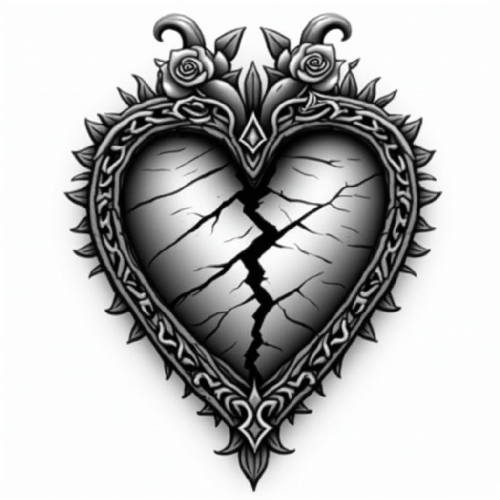 Black and grey traditional broken heart with a chain wrapped around symbolizing keeping your heart guarded. Make the heart look rugged and weathered with cracks and torn pieces. Make the chain holding the heart from falling apart. Make the chain 
look battle worn with deep gouges. Make the over all tone dark and gloomyin victorian style tattoo, featuring vintage and elegant elements, ornate frames, roses, antique, sepia-toned color scheme