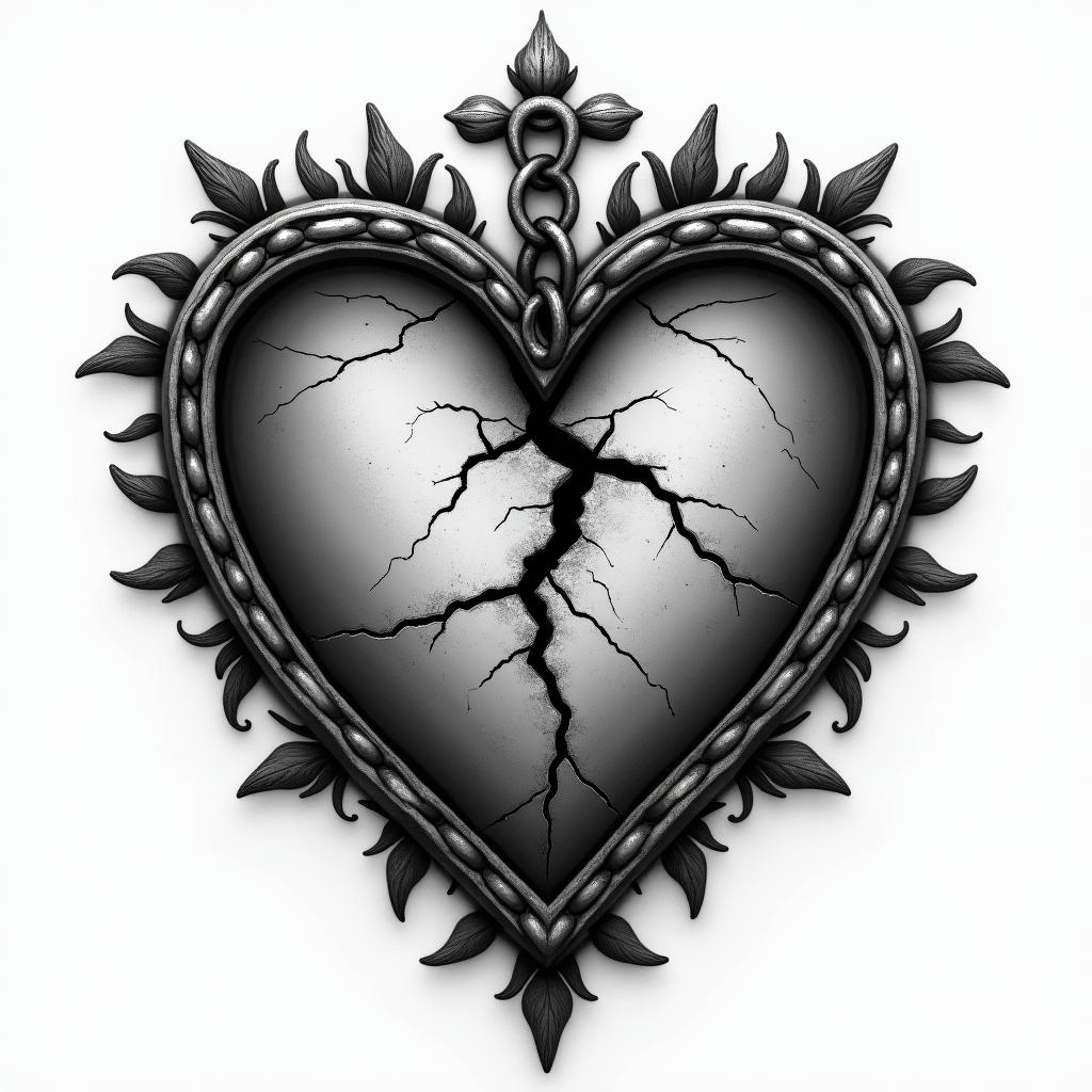 Black and grey traditional broken heart with a chain wrapped around symbolizing keeping your heart guarded. Make the heart look rugged and weathered with cracks and torn pieces. Make the chain holding the heart from falling apart. Make the chain 
look battle worn with deep gouges. Make the over all tone dark and gloomyin victorian style tattoo, featuring vintage and elegant elements, ornate frames, roses, antique, sepia-toned color scheme - Variation 3