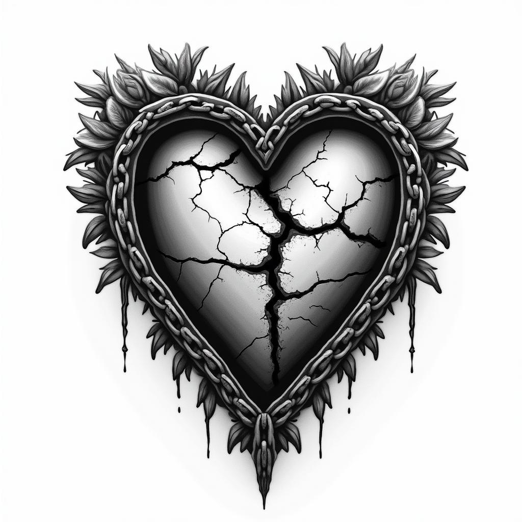 Black and grey traditional broken heart with a chain wrapped around symbolizing keeping your heart guarded. Make the heart look rugged and weathered with cracks and torn pieces. Make the chain holding the heart from falling apart. Make the chain 
look battle worn with deep gouges. Make the over all tone dark and gloomyin victorian style tattoo, featuring vintage and elegant elements, ornate frames, roses, antique, sepia-toned color scheme - Variation 2