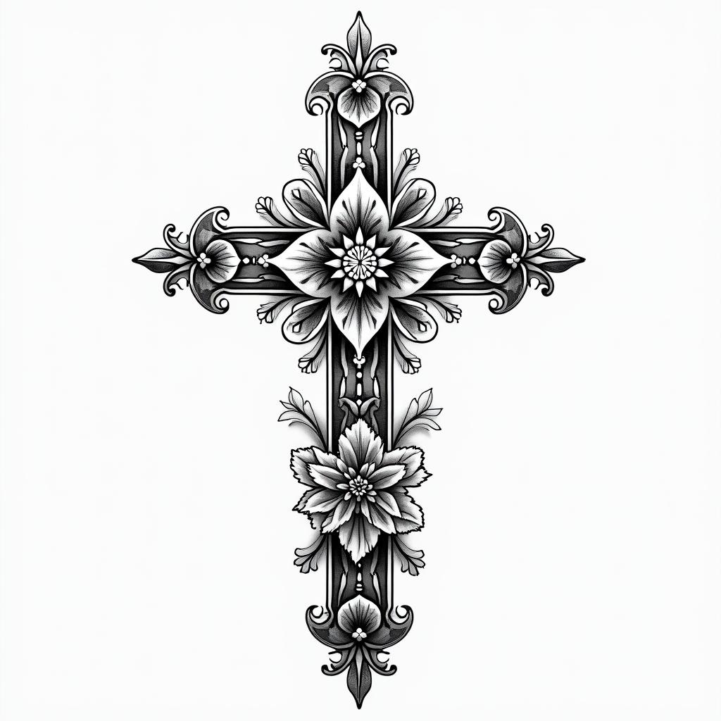 Cross tattoo but give it a detailed backgroundin ornamental tattoo style, featuring intricate symmetrical patterns and floral designs, showcasing highly detailed line work and geometric shapes, creating a sense of elegance and balance - Variation 2