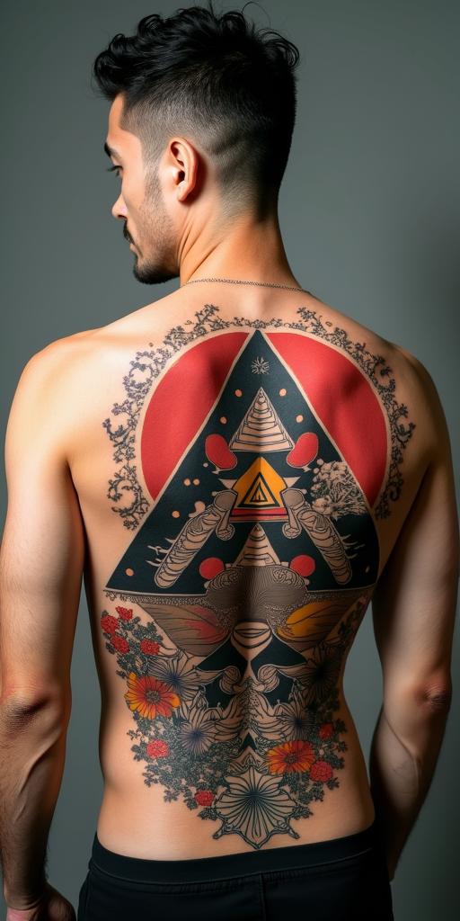 Simple triangle with a line throughin japanese style tattoo, detailed tattoo, traditional japanese culture tattoo, mythology, 8k - Variation 4