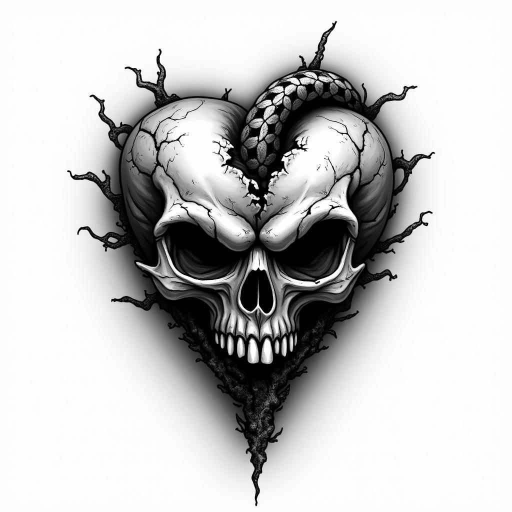 Black and grey traditional broken heart with a chain wrapped around symbolizing keeping your heart guarded. Make the heart look rugged and weathered with cracks and torn pieces. Make the chain holding the heart from falling apart. Make the chain 
look battle worn with deep gouges. Make the over all tone dark and gloomycreepy horror tattoo style, featuring an eerie and unsettling skull of a demonic creature, distorted face with sharp fangs, add pentagram symbol