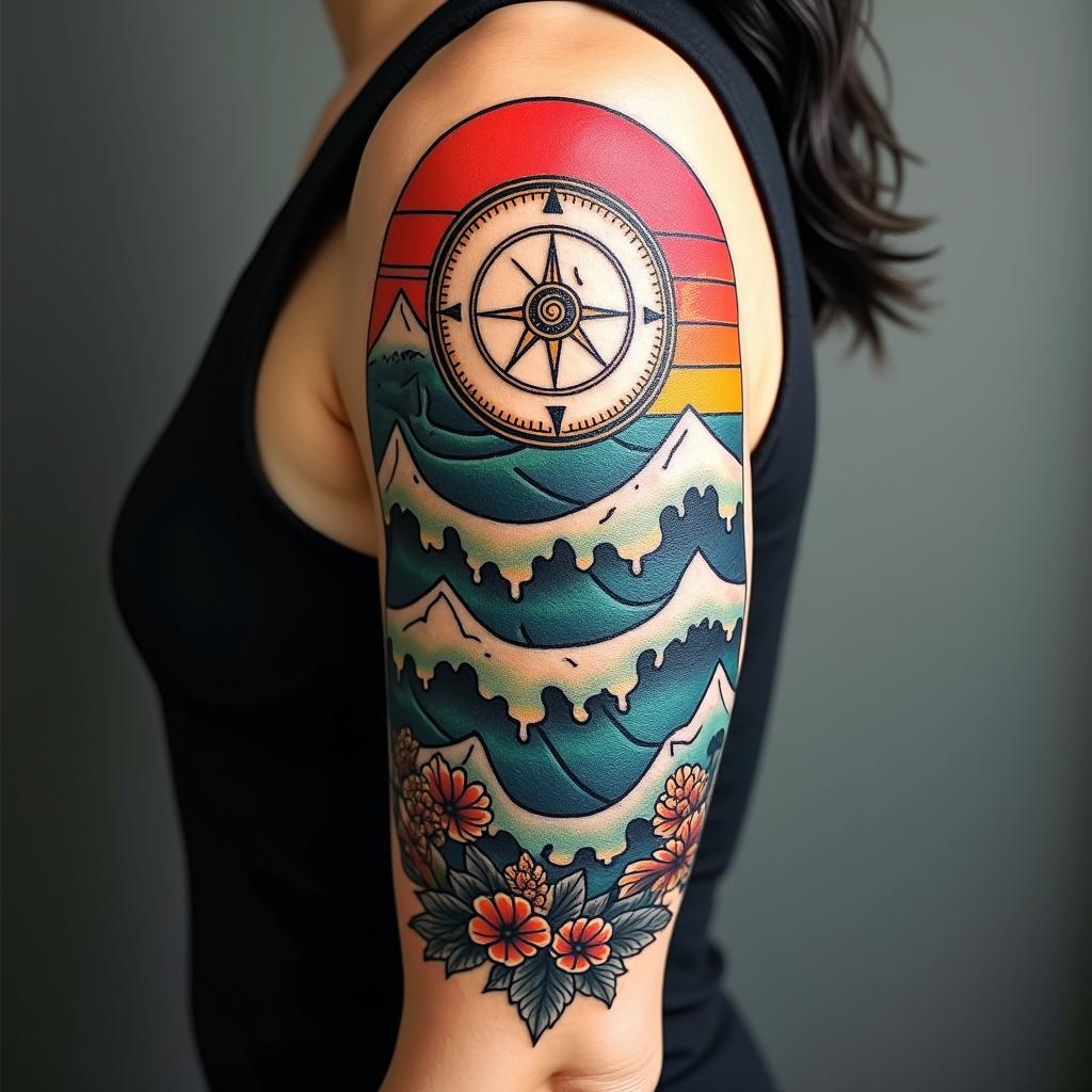 Compass surrounded by ocean wavesin pop art style tattoo, featuring bold and vibrant colors, exaggerated outlines, iconic imagery, inspired by comic books and speech bubbles, comic book characters, retro pop culture - Variation 10