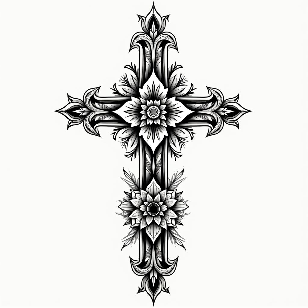 Cross tattoo but give it a detailed backgroundin ornamental tattoo style, featuring intricate symmetrical patterns and floral designs, showcasing highly detailed line work and geometric shapes, creating a sense of elegance and balance