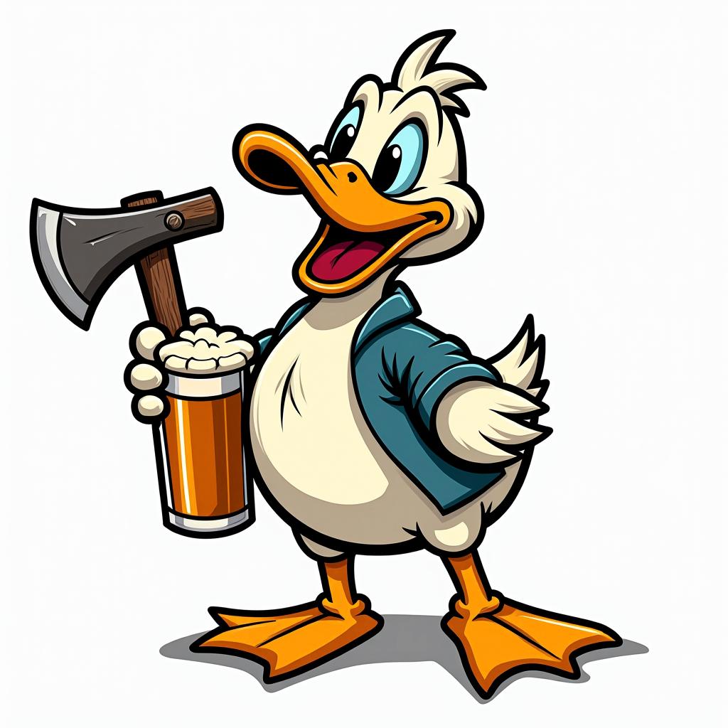 Cartoon duck carrying a pint of beer and an woodcutter axein pop art style tattoo, featuring bold and vibrant colors, exaggerated outlines, iconic imagery, inspired by comic books and speech bubbles, comic book characters, retro pop culture - Variation 4