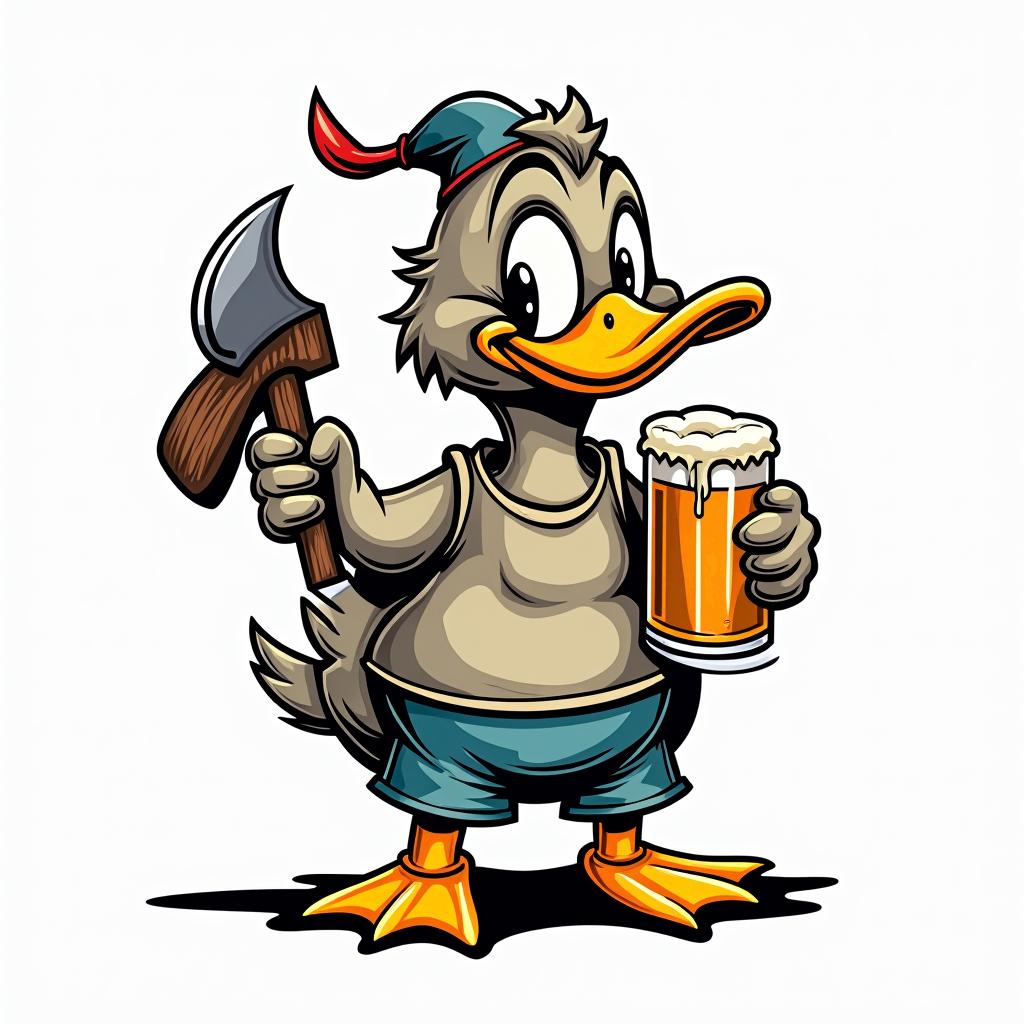 Cartoon duck carrying a pint of beer and an woodcutter axein pop art style tattoo, featuring bold and vibrant colors, exaggerated outlines, iconic imagery, inspired by comic books and speech bubbles, comic book characters, retro pop culture - Variation 2