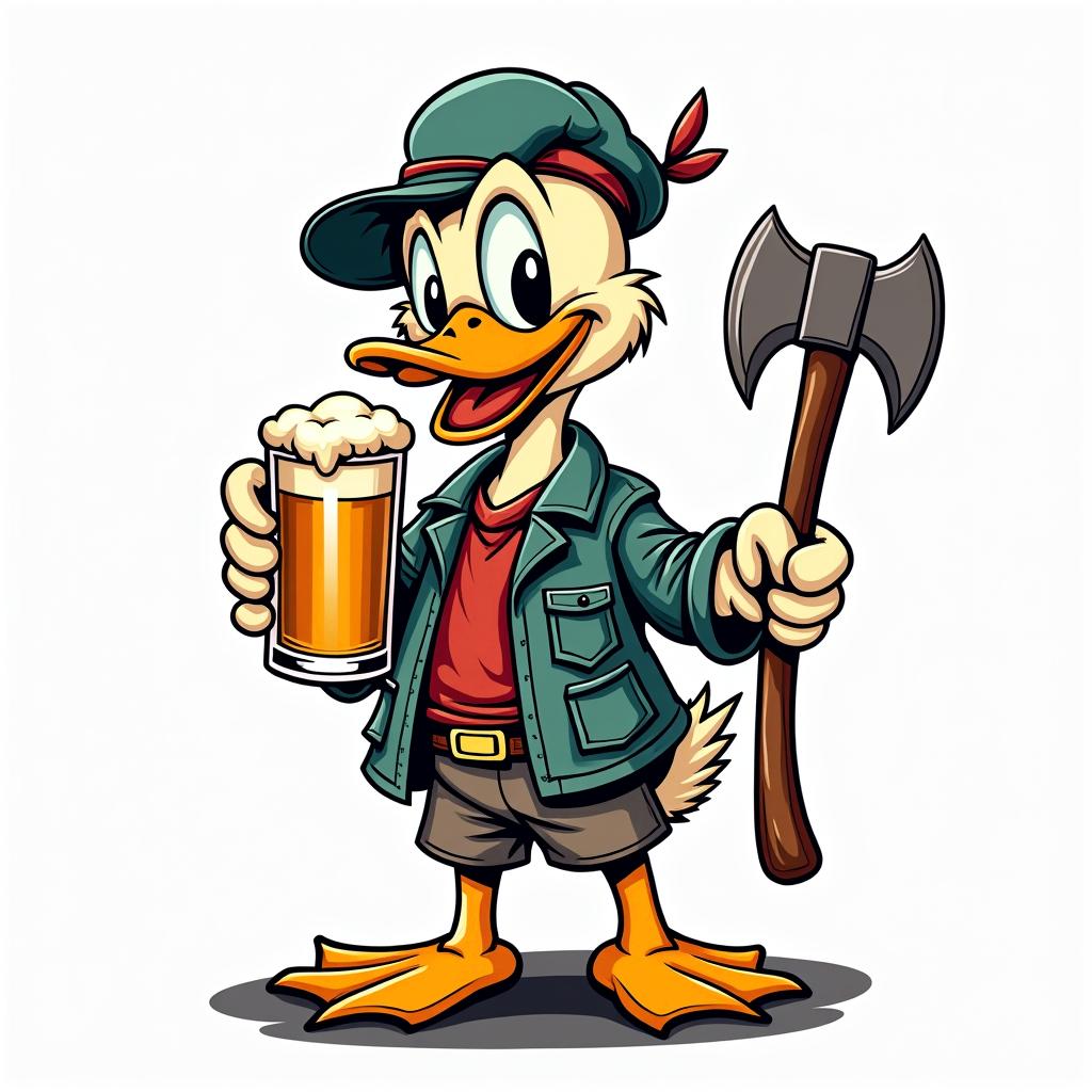 Cartoon duck carrying a pint of beer and an woodcutter axein pop art style tattoo, featuring bold and vibrant colors, exaggerated outlines, iconic imagery, inspired by comic books and speech bubbles, comic book characters, retro pop culture - Variation 3
