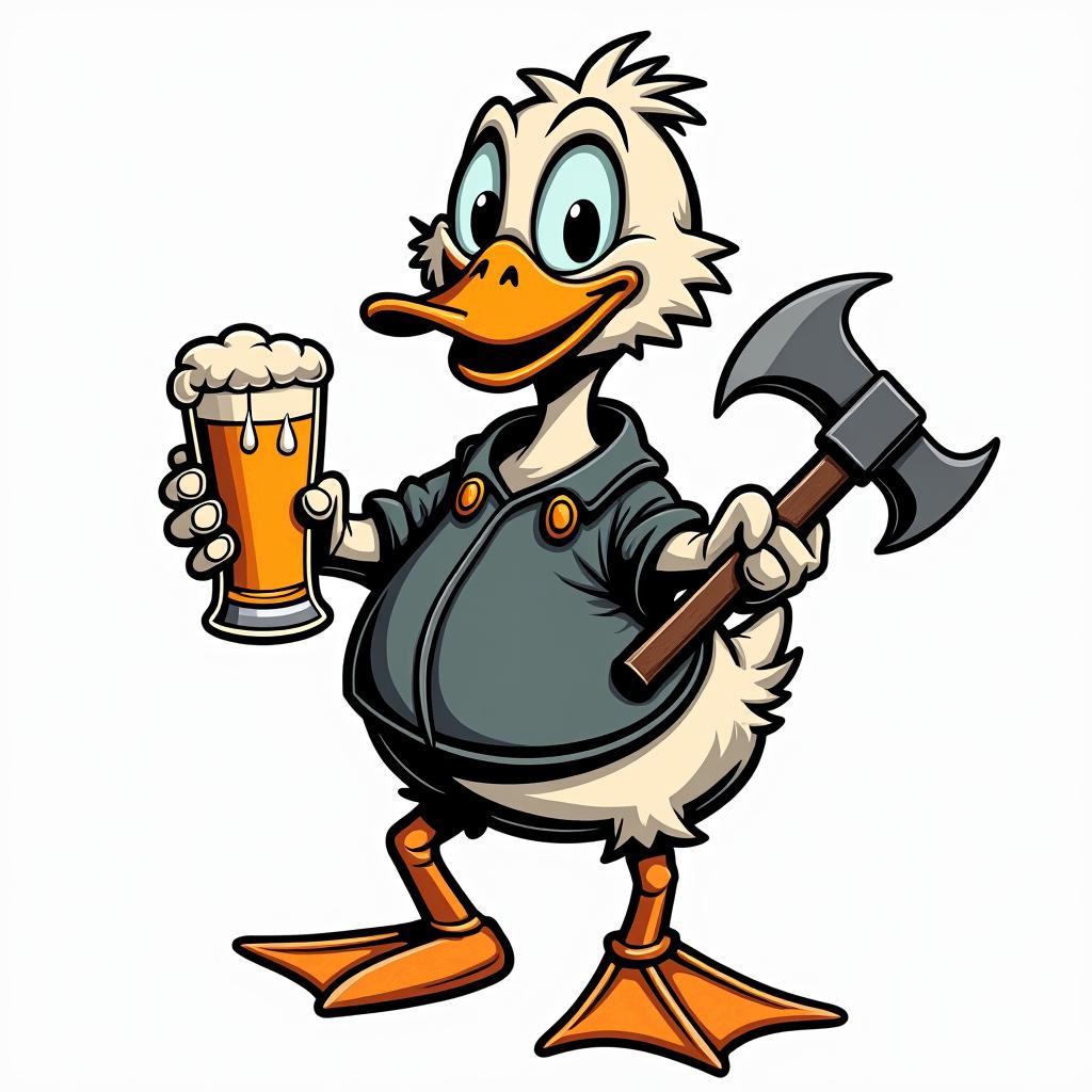 Cartoon duck carrying a pint of beer and an woodcutter axein pop art style tattoo, featuring bold and vibrant colors, exaggerated outlines, iconic imagery, inspired by comic books and speech bubbles, comic book characters, retro pop culture