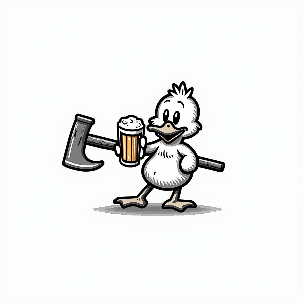 Cartoon duck carrying a pint of beer and an woodcutter axein 8-bit tattoo style, minimalistic pixel style tattoo, pixel art with simplified shapes and retro gaming visuals, inspired by 8-bit pixel based detailing - Variation 3