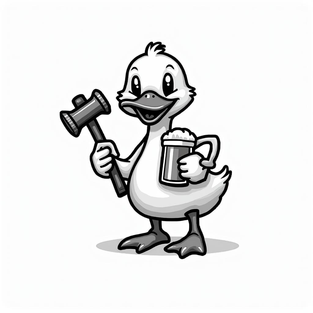 Cartoon duck carrying a pint of beer and an woodcutter axein 8-bit tattoo style, minimalistic pixel style tattoo, pixel art with simplified shapes and retro gaming visuals, inspired by 8-bit pixel based detailing - Variation 4