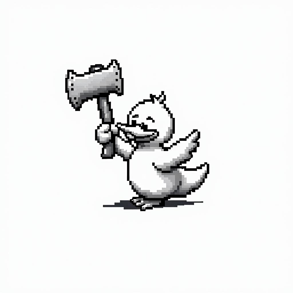Cartoon duck carrying a pint of beer and an woodcutter axein 8-bit tattoo style, minimalistic pixel style tattoo, pixel art with simplified shapes and retro gaming visuals, inspired by 8-bit pixel based detailing