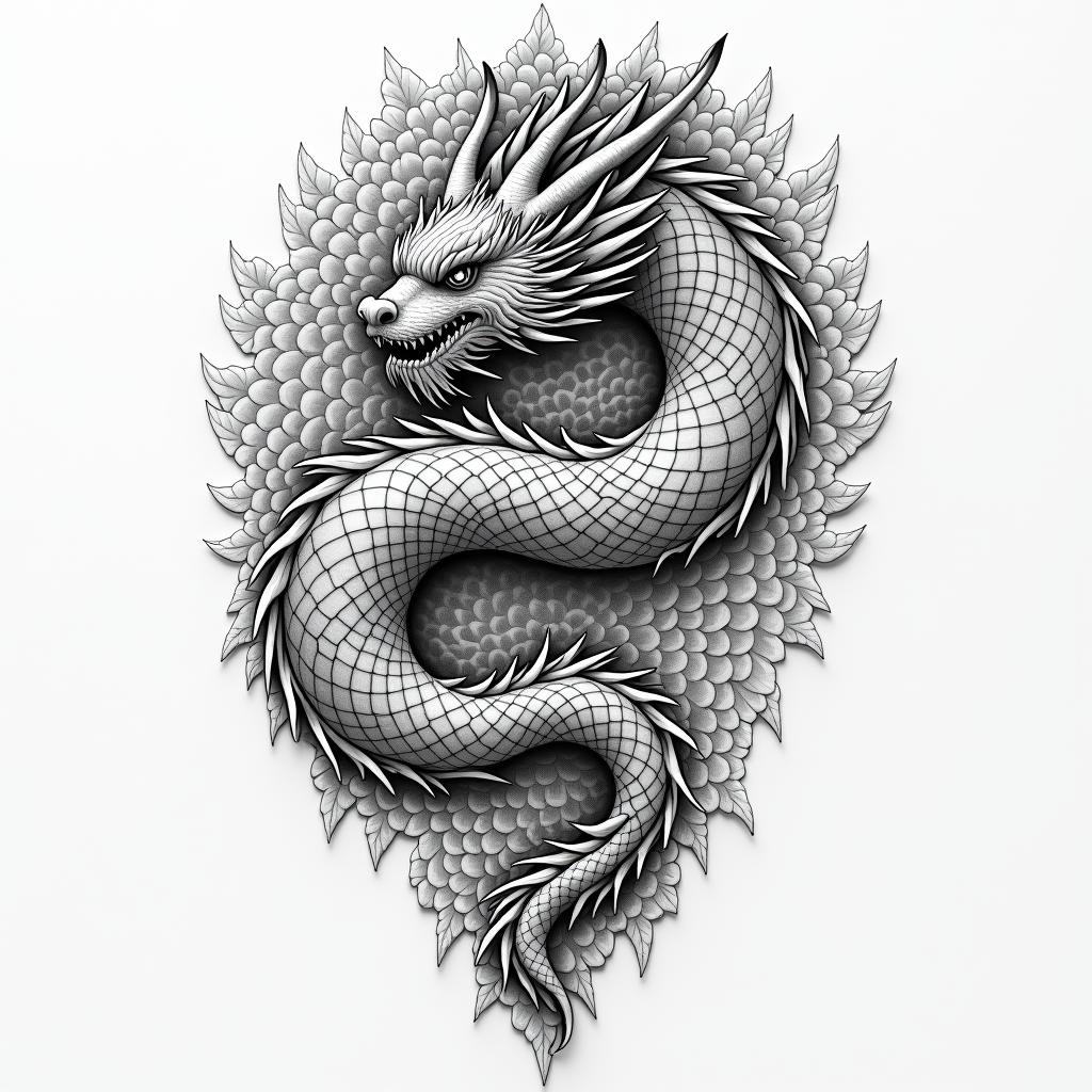 i would like a tatto oriental with a dragon for my arm in geometric style tattoo, blending hexagons, mandala-inspired patterns, symmetrical and fractal design, clean lines, sharp angles - Variation 2