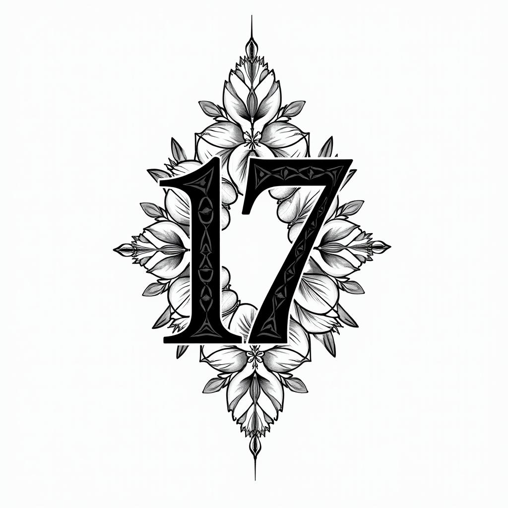 Number 17in ornamental tattoo style, featuring intricate symmetrical patterns and floral designs, showcasing highly detailed line work and geometric shapes, creating a sense of elegance and balance