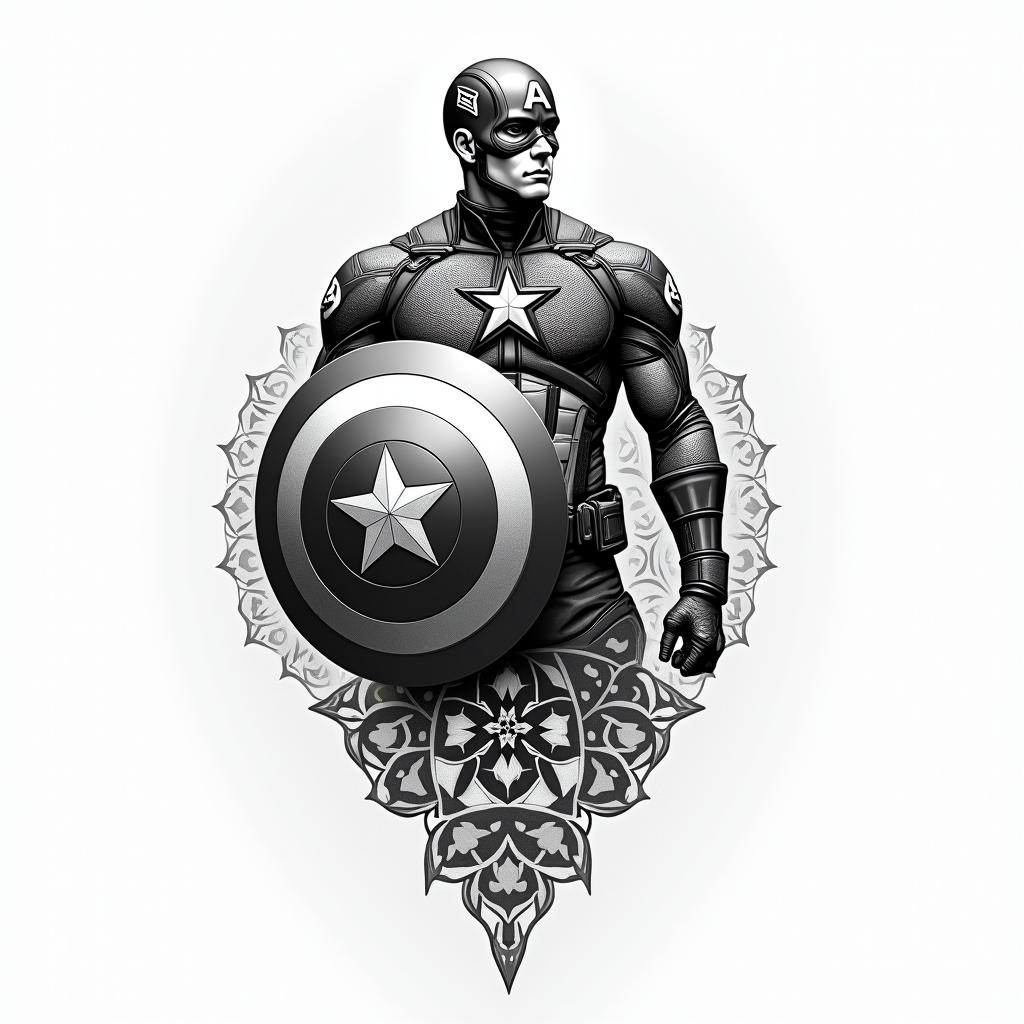 Captain America with his raised shield in geometric style tattoo, blending hexagons, mandala-inspired patterns, symmetrical and fractal design, clean lines, sharp angles