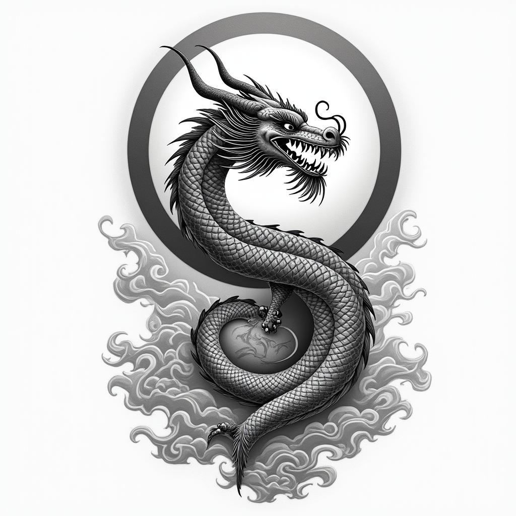 Japanese dragon with background of rising sunin japanese style tattoo, detailed tattoo, traditional japanese culture tattoo, mythology, 8k - Variation 4