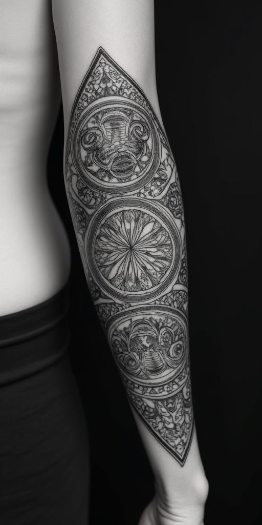 A symbol of strength that reflects my love for my siblings and shows that I do not give up and am a Christian.in dotwork style tattoo, complex mandala patterns, interlocking geometric shapes with sharp symmetry, clean lines, sharp angles - Variation 3