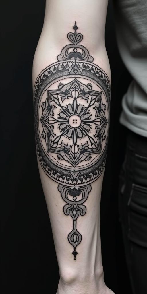 A symbol of strength that reflects my love for my siblings and shows that I do not give up and am a Christian.in dotwork style tattoo, complex mandala patterns, interlocking geometric shapes with sharp symmetry, clean lines, sharp angles - Variation 4
