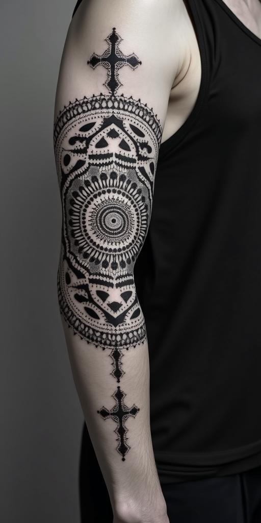 A symbol of strength that reflects my love for my siblings and shows that I do not give up and am a Christian.in dotwork style tattoo, complex mandala patterns, interlocking geometric shapes with sharp symmetry, clean lines, sharp angles - Variation 2