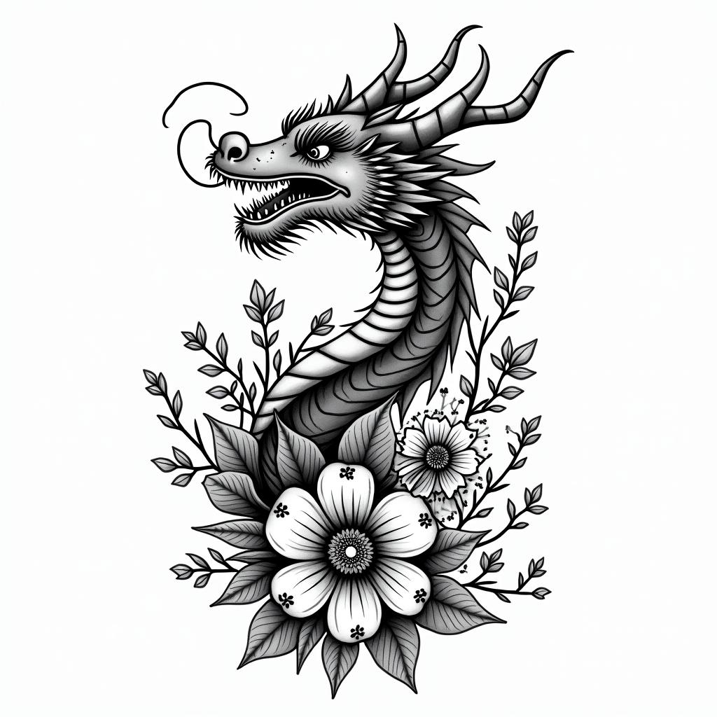 a dragon and flowersin authentic tattoo style, incorporating traditional modifications, bold black outlines, solid color fills, featuring classic authentic elements - Variation 4