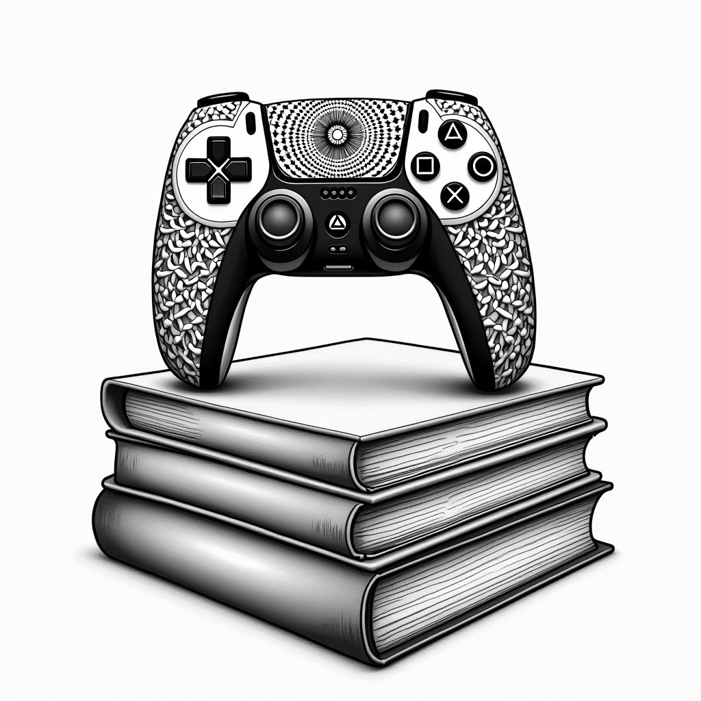 PS5 controller on top of a pile of books in dotwork style tattoo, complex mandala patterns, interlocking geometric shapes with sharp symmetry, clean lines, sharp angles - Variation 4
