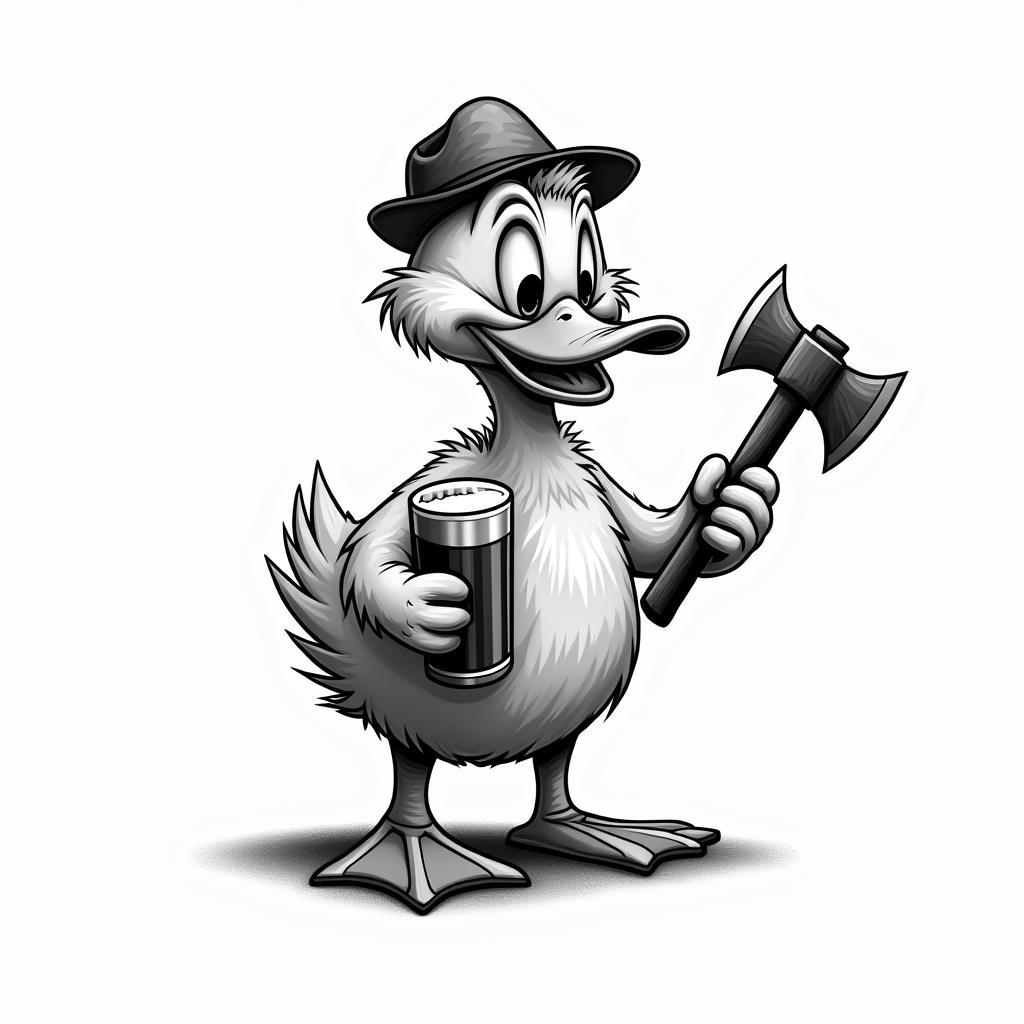 Cartoon duck carrying a pint of beer and an woodcutter axein new school tattoo, pop culture, modern, detailed tattoo, illustrative - Variation 3