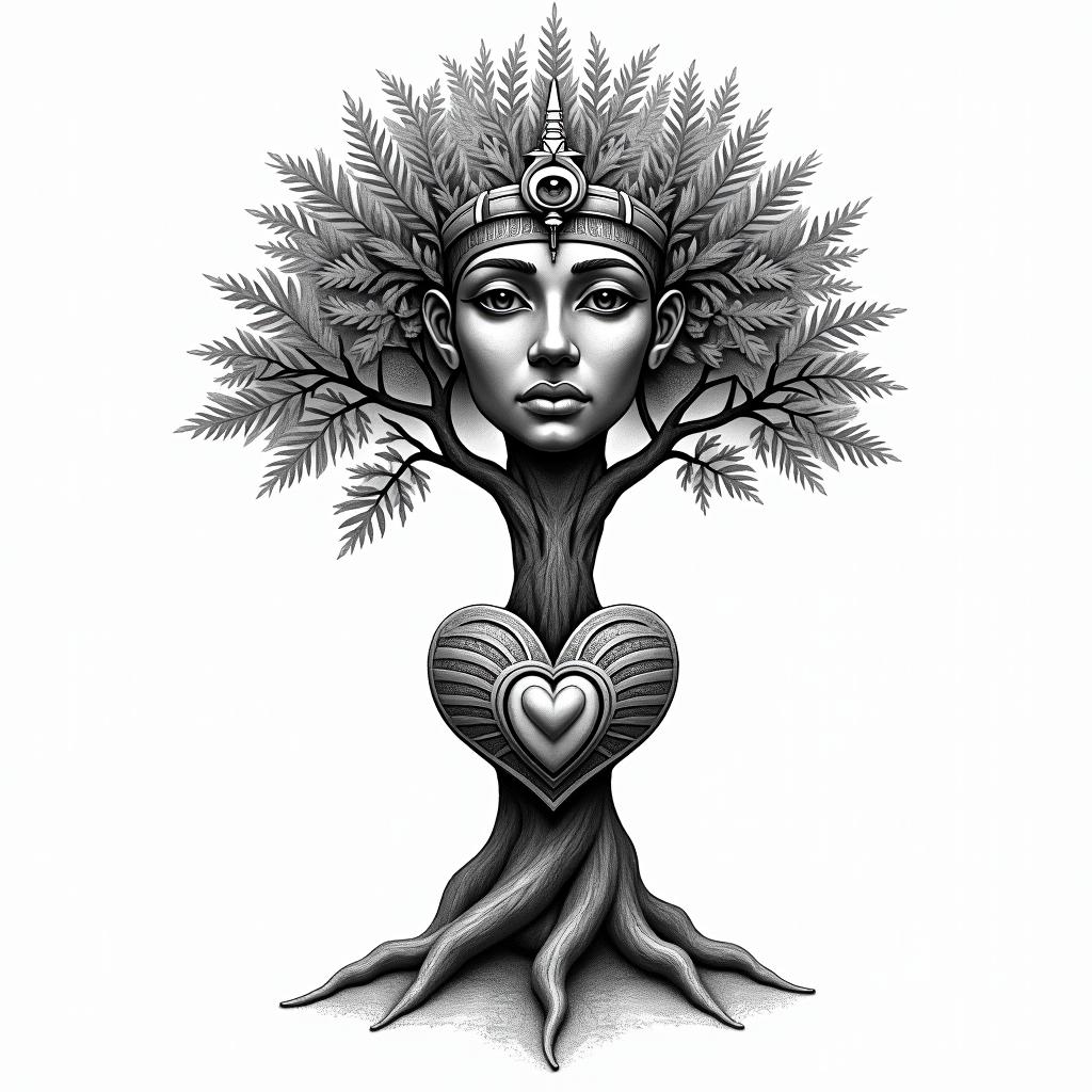 Tree of life with a heart in its rootsin egyptian style tattoo, bold elements of ancient egyptian culture including a portrait of an Egyptian pharaoh with detailed facial features, in hieroglyphs and symbolic imagery, eye of horus, ankh symbol, scarab beetle