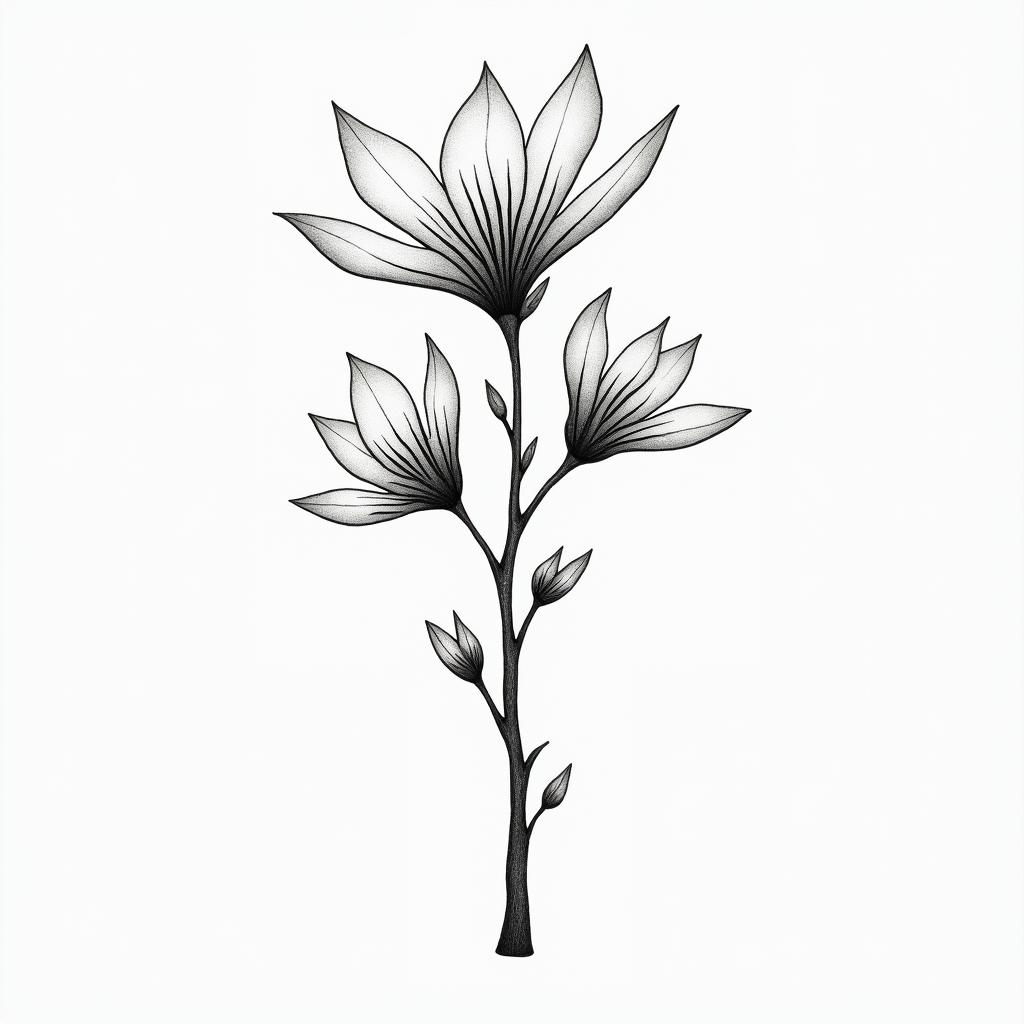 Dogwood tree music name JJ sunshinein minimalist style tattoo, featuring simple shapes and fine lines, with minimal shading and details, tiny triangles, creating a sense of balance and harmony - Variation 3