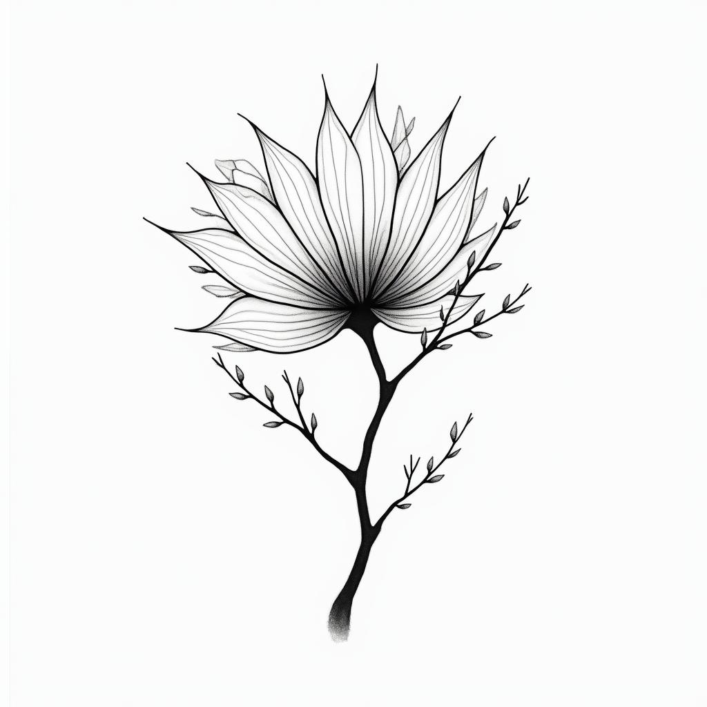 Dogwood tree music name JJ sunshinein minimalist style tattoo, featuring simple shapes and fine lines, with minimal shading and details, tiny triangles, creating a sense of balance and harmony - Variation 4