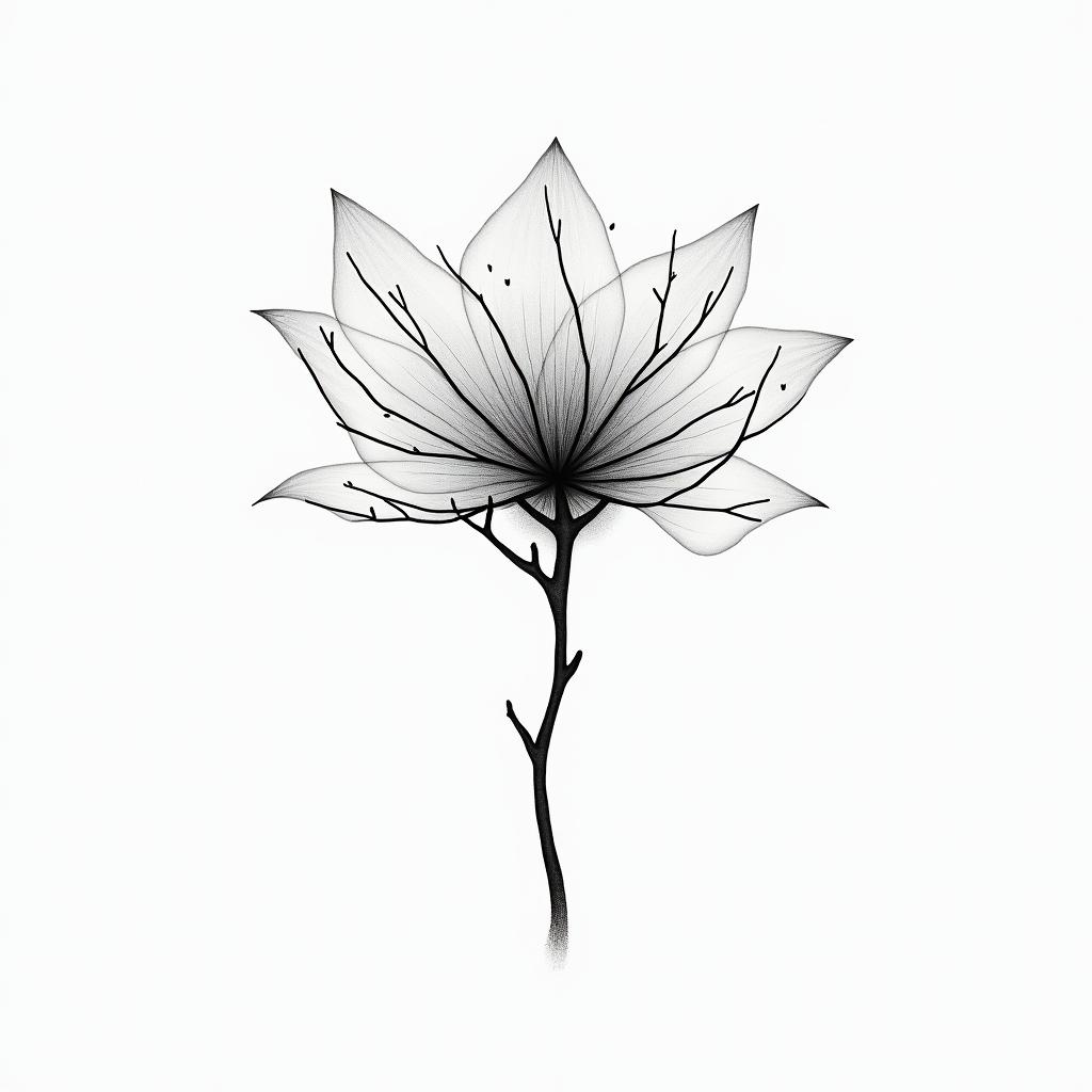 Dogwood tree music name JJ sunshinein minimalist style tattoo, featuring simple shapes and fine lines, with minimal shading and details, tiny triangles, creating a sense of balance and harmony