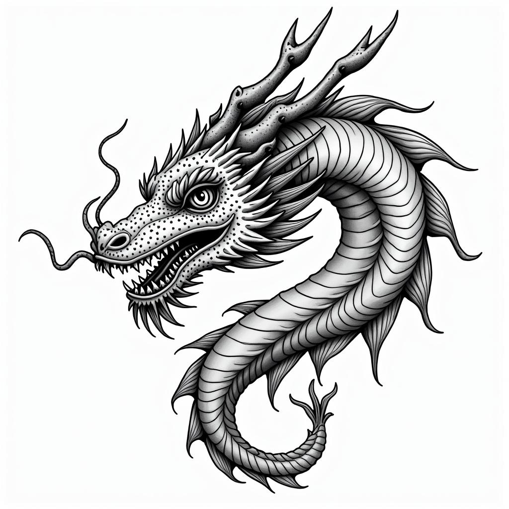 realistic dragonin authentic tattoo style, incorporating traditional modifications, bold black outlines, solid color fills, featuring classic authentic elements - Variation 3