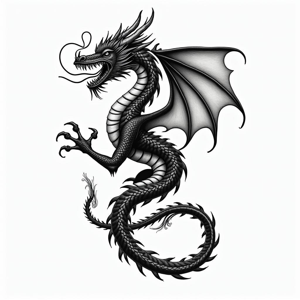 realistic dragonin authentic tattoo style, incorporating traditional modifications, bold black outlines, solid color fills, featuring classic authentic elements