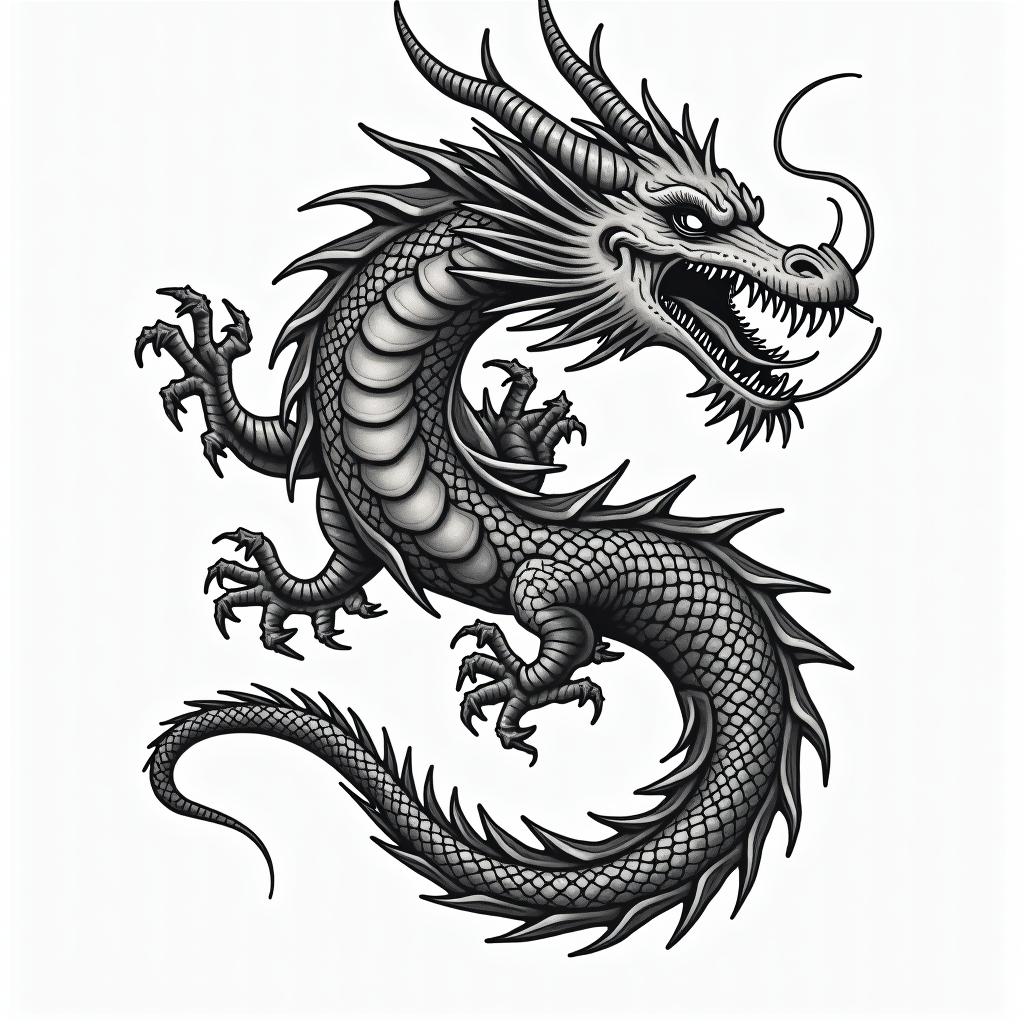 realistic dragonin authentic tattoo style, incorporating traditional modifications, bold black outlines, solid color fills, featuring classic authentic elements - Variation 4