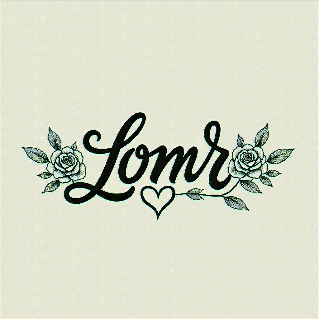 LOMRin elegant cursive calligraphy style 2d tattoo, decorate with roses, featuring a smooth and flowing handwritten script with slightly thickened strokes for a luxurious and bold appearance, heart symbol between names, sleek and glossy black text with shadowing, minimalist matte white background, clean and sharp edges, illuminated with soft lighting, romantic, 8k, high-quality textures with refined typography - Variation 3