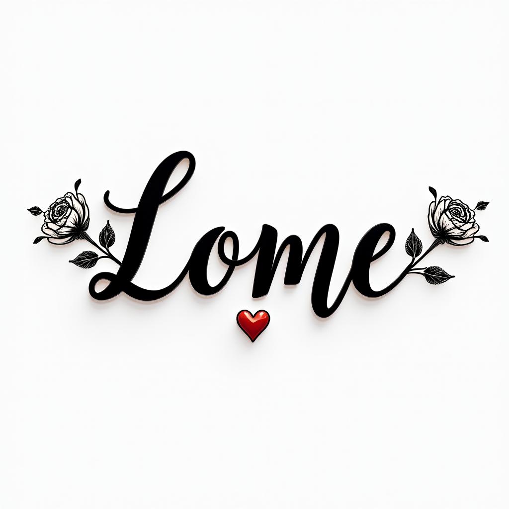 LOMRin elegant cursive calligraphy style 2d tattoo, decorate with roses, featuring a smooth and flowing handwritten script with slightly thickened strokes for a luxurious and bold appearance,  heart symbol between names,  sleek and glossy black text with shadowing, minimalist matte white background, clean and sharp edges, illuminated with soft lighting, romantic, 8k, high-quality textures with refined typography