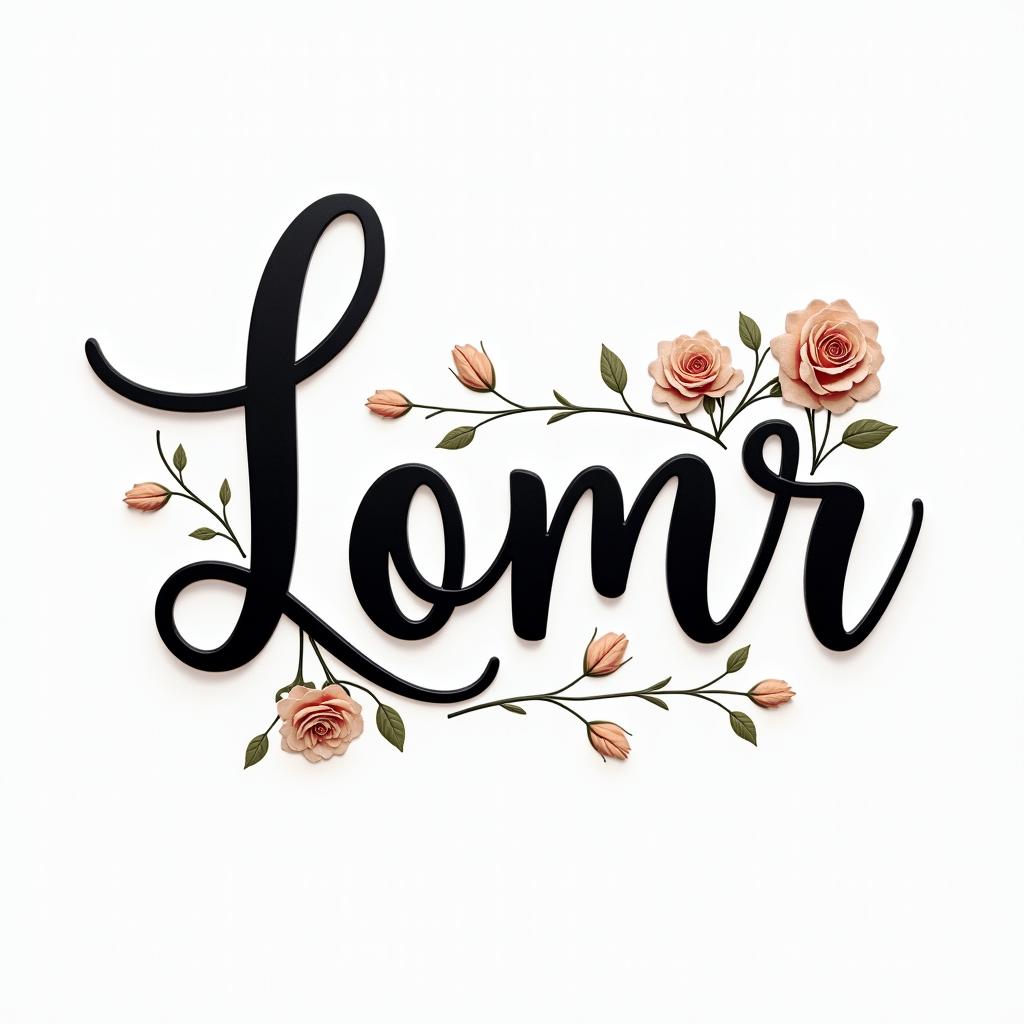 LOMRin elegant cursive calligraphy style 2d tattoo, decorate with roses, featuring a smooth and flowing handwritten script with slightly thickened strokes for a luxurious and bold appearance, heart symbol between names, sleek and glossy black text with shadowing, minimalist matte white background, clean and sharp edges, illuminated with soft lighting, romantic, 8k, high-quality textures with refined typography - Variation 4