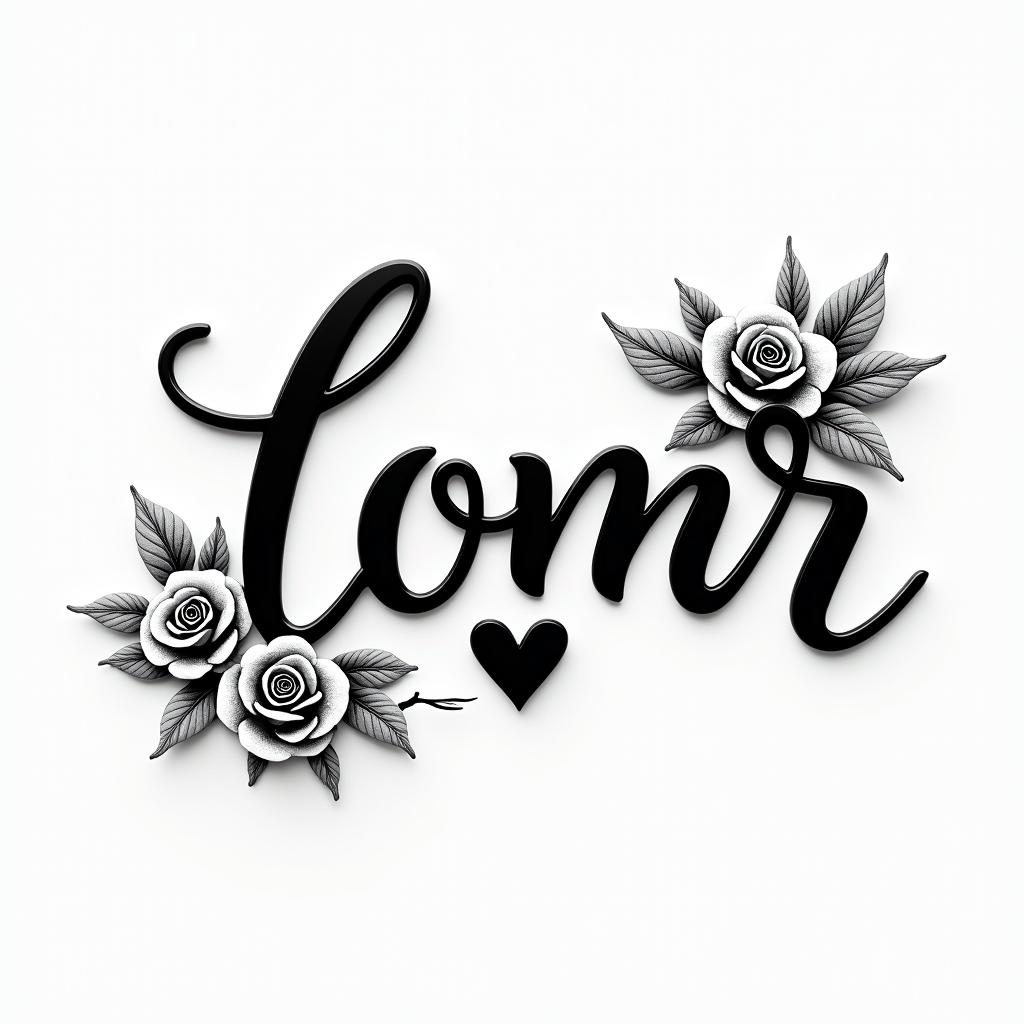 LOMRin elegant cursive calligraphy style 2d tattoo, decorate with roses, featuring a smooth and flowing handwritten script with slightly thickened strokes for a luxurious and bold appearance, heart symbol between names, sleek and glossy black text with shadowing, minimalist matte white background, clean and sharp edges, illuminated with soft lighting, romantic, 8k, high-quality textures with refined typography - Variation 2