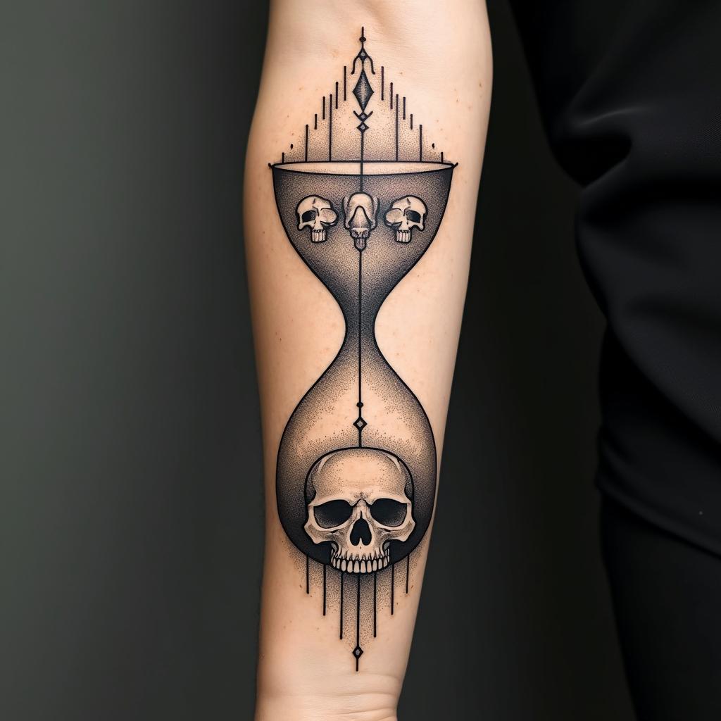 Hourglass with sand and skulls in geometric style tattoo, blending hexagons, mandala-inspired patterns, symmetrical and fractal design, clean lines, sharp angles - Variation 2