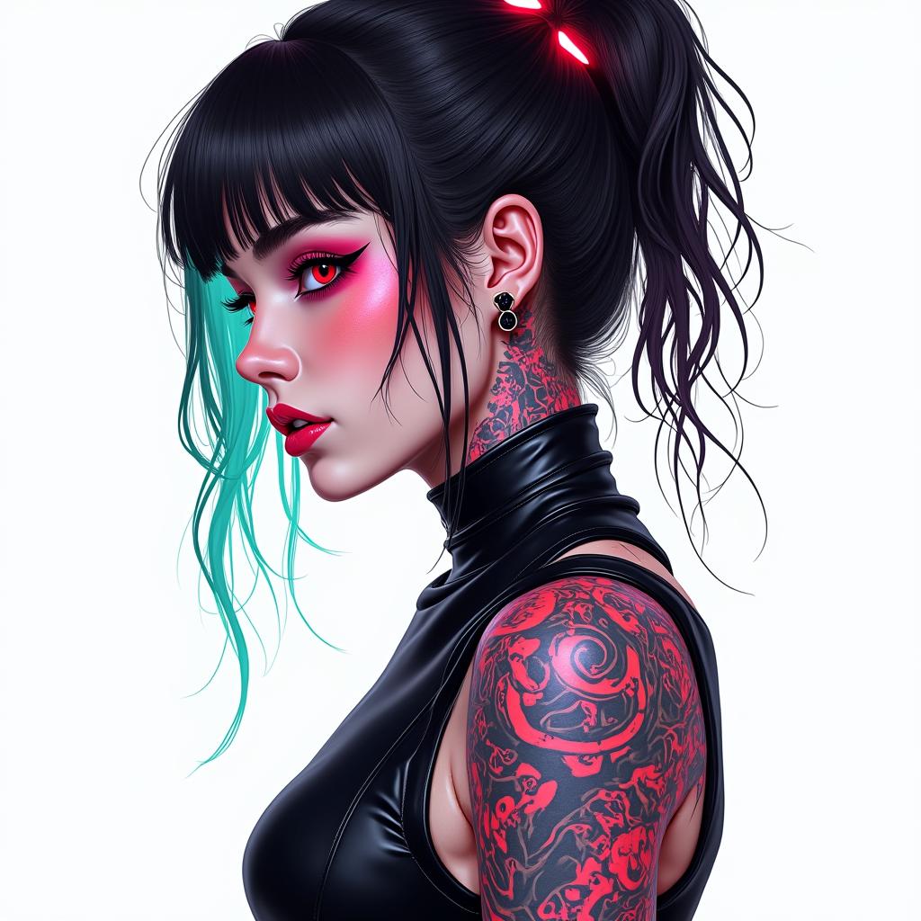 Futuristic cyberpunk girl with neon accentstext-based tattoo, gothic font ultra-realistic, perfectly placed, high-quality font design, photo-realistic shading, 8k, high quality, finely detailed typography - Variation 8