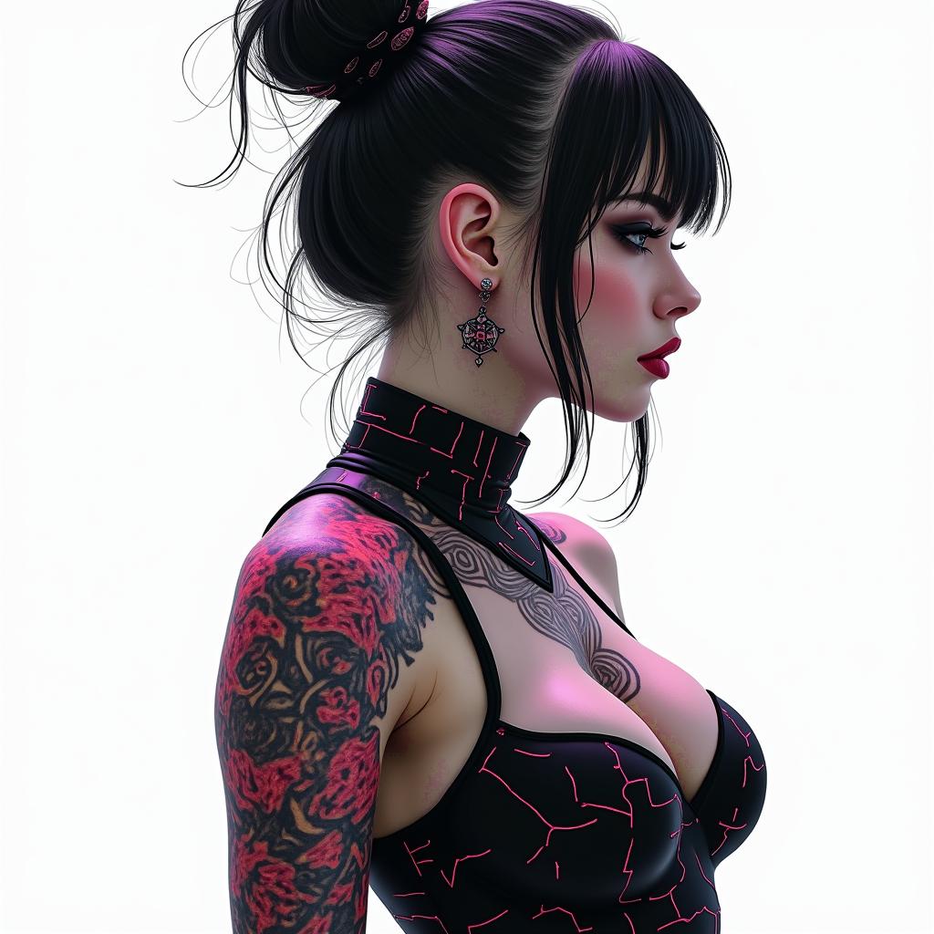 Futuristic cyberpunk girl with neon accentstext-based tattoo, gothic font ultra-realistic, perfectly placed, high-quality font design, photo-realistic shading, 8k, high quality, finely detailed typography - Variation 7