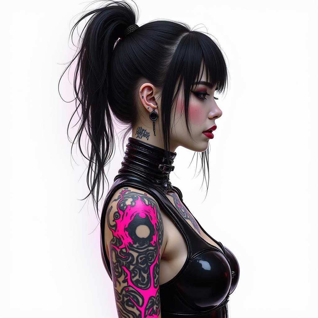 Futuristic cyberpunk girl with neon accentstext-based tattoo, gothic font ultra-realistic, perfectly placed, high-quality font design, photo-realistic shading, 8k, high quality, finely detailed typography - Variation 6