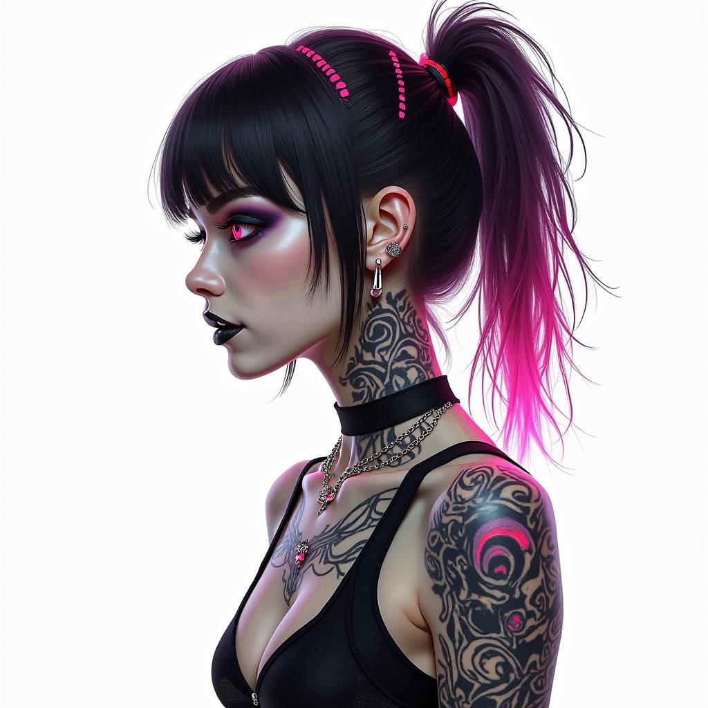 Futuristic cyberpunk girl with neon accentstext-based tattoo, gothic font ultra-realistic, perfectly placed, high-quality font design, photo-realistic shading, 8k, high quality, finely detailed typography - Variation 5