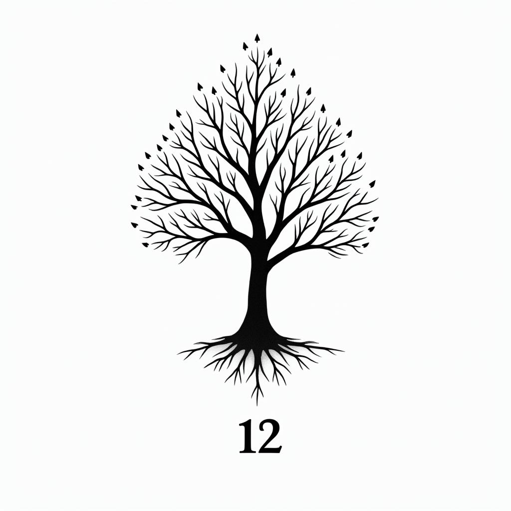 Tree with roman numerals 12in minimalist style tattoo, featuring simple shapes and fine lines, with minimal shading and details, tiny triangles, creating a sense of balance and harmony