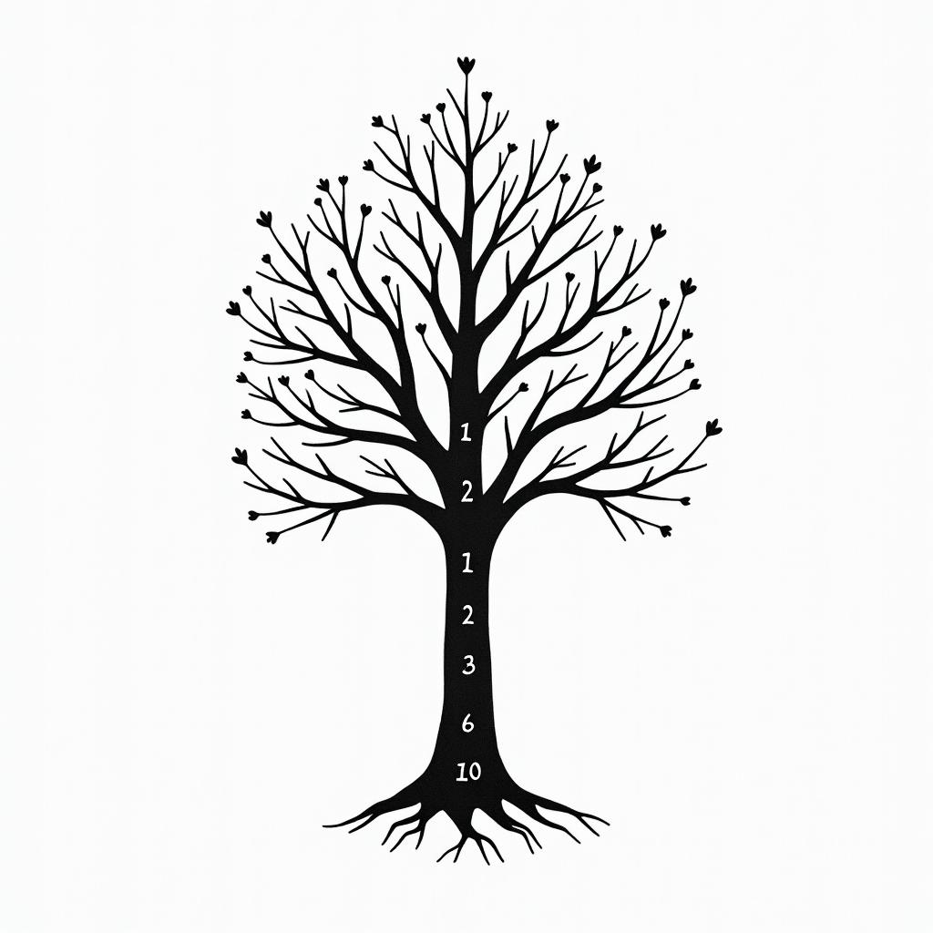 Tree with roman numerals 12in minimalist style tattoo, featuring simple shapes and fine lines, with minimal shading and details, tiny triangles, creating a sense of balance and harmony - Variation 3